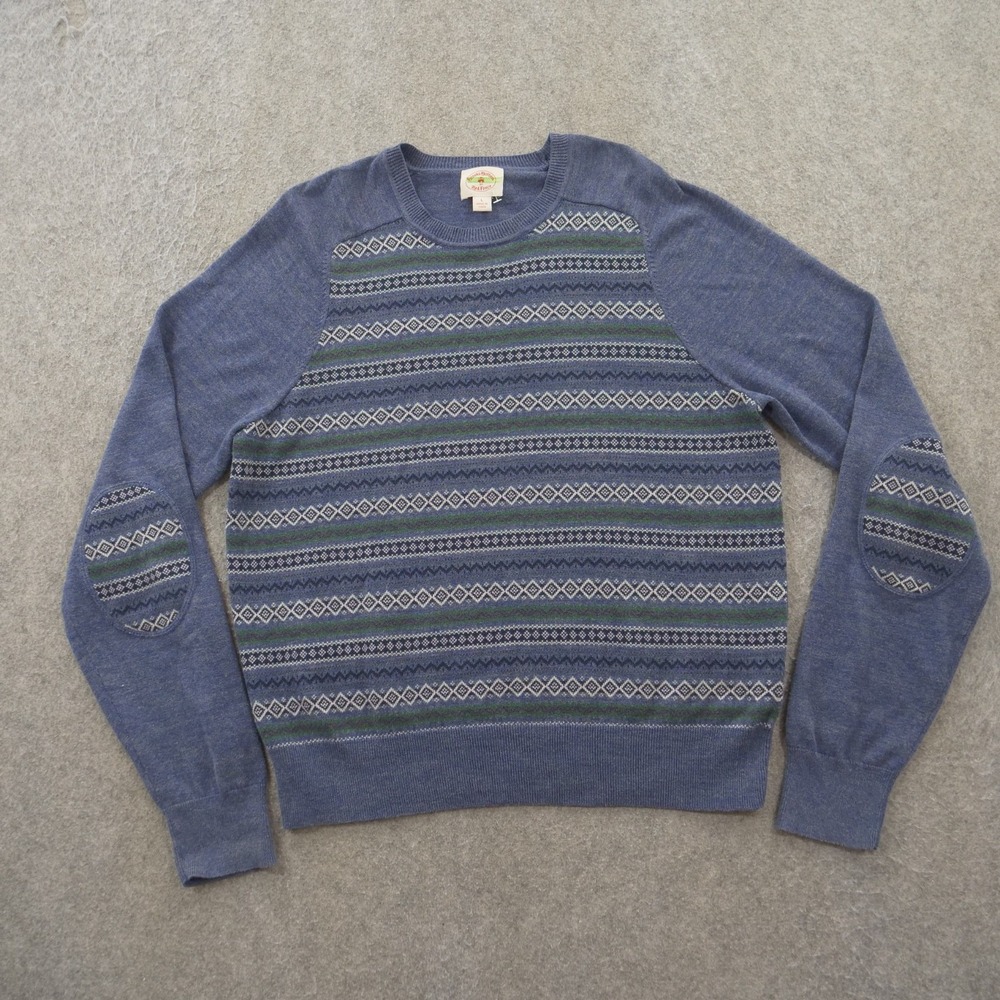 Brooks Brothers Sweater Mens Large Blue Knit Red Fleece Elbow Patches Crew
